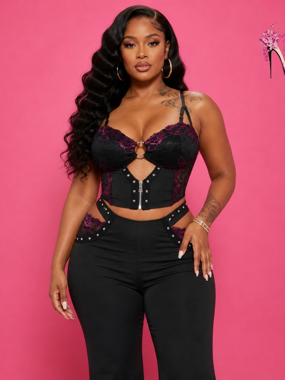 Black & Purple Lace Bustier Set - Women